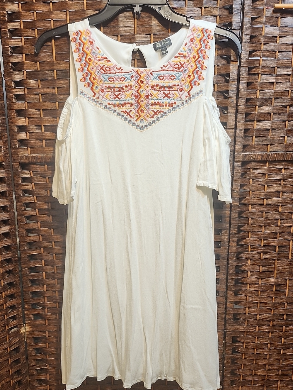 Lily Rose White Cold-Shoulder Mini Dress with Colorful Embroidery